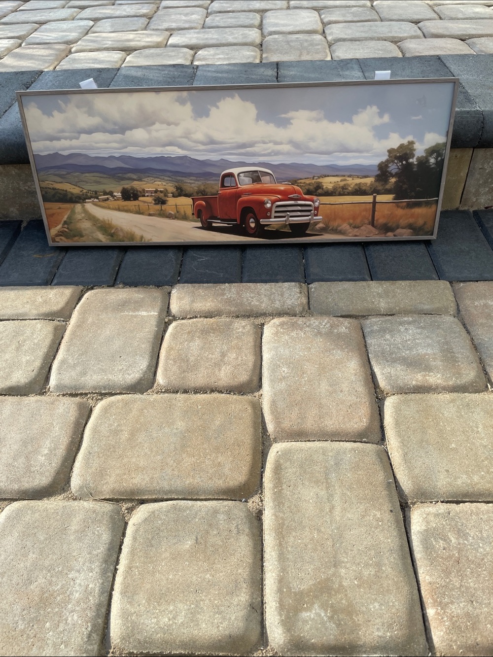 NWT Vintage Red Pickup Truck Landscape Wall Art with Wooden Frame - 25x9 Inches